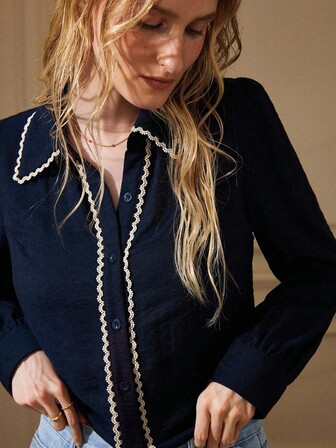 Écloséra 法式复古亚麻混纺纹理衣领和袖口撞色花卉装饰女士长袖衬衫，春秋季