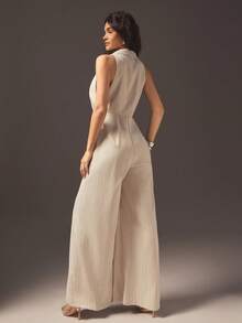 Hauture 女士性感休闲商务套装领无袖直筒连体裤办公室 - 杏色 - 查看 5