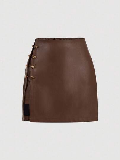 SHEIN MOD 棕色侧开衩金属边仿皮A字裙，外出裙，复古裙，秋季服装，性感裙，皮裙