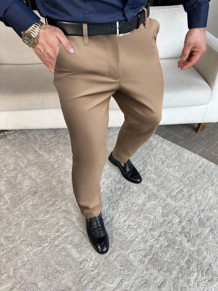 Manfinity Mode Men's Solid Color Casual Suit Trousers, Khaki Dress Pants Men, Old Money Style - Coffee Brown - View 1