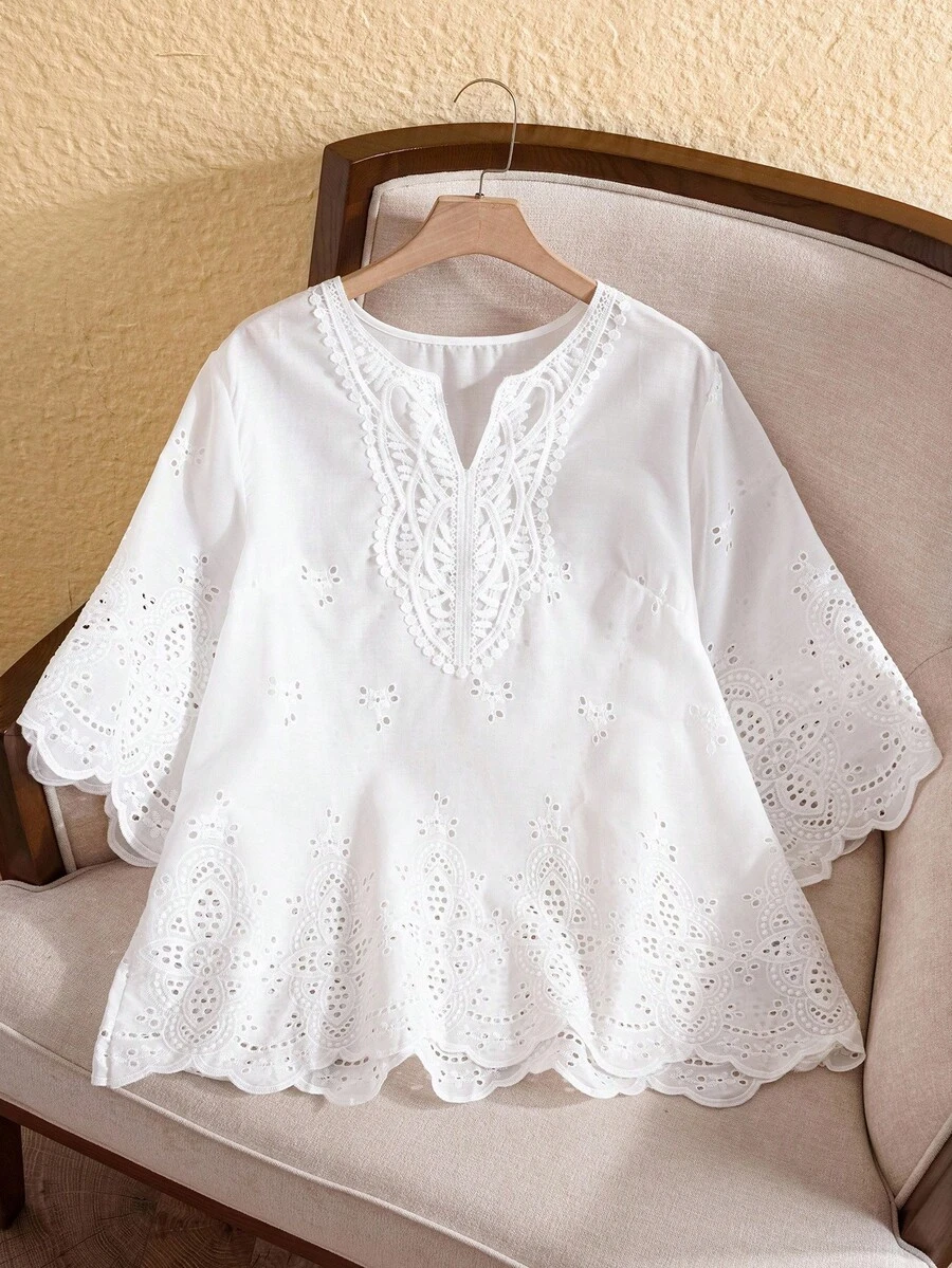 Rusticease Summer Eyelet Embroidered Solid Plus Size Shirt, Vacation Daily,Flower/Spring - White - View 1