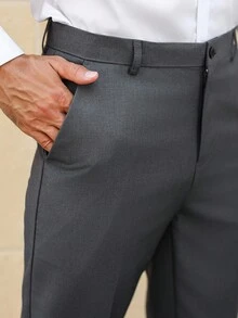 Manfinity Bizformal 男士纯色腰带口袋直腿西装裤（不规则） - 深灰色 - 查看 5