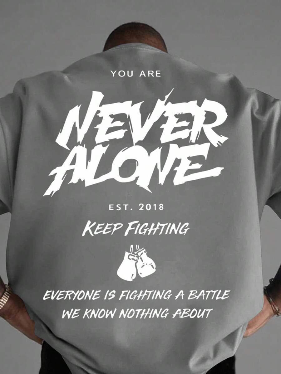 Manfinity EMRG Plus Size Men's Casual Slogan Graphic Round Neck Short Sleeve T-Shirt, Summer - Light Grey - View 1