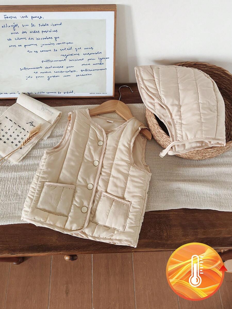 SHEIN 女婴休闲百搭可爱加厚背心外套和帽子套装，适合冬季日常穿着