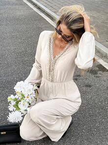 SHEIN Frenchy Bộ đồ liền thân dài tay màu trơn đơn giản có dây rút phía sau dành cho nữ - Màu be - Xem 3