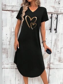 EMERY ROSE 女士休闲心形印花简约 V 领短袖宽松长连衣裙 - 黑色 - 查看 2
