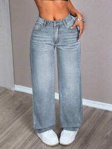 EURMUSE Jeans casual e ampi da donna con tasche, moda da strada - blu polveroso - Visualizzare 4