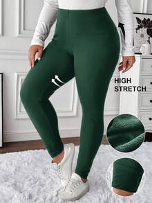 SHEIN LUNE Damskie legginsy plus size w jednolitym kolorze, przyjazne dla skóry, dopasowane, termiczne, z podszewką, zielone legginsy, ciepłe legginsy, krótkie legginsy dla kobiet, wygodne legginsy, termiczne legginsy dla kobiet