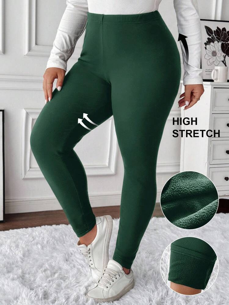 Plus Size Women Solid Color Skin-Friendly Fitted Thermal Lined Leggings Green Leggings Warm Leggings Short Leggings For Women Cozy Leggings Thermal Leggings For Women