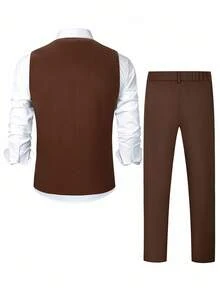 Manfinity Mode Men's Solid Vest And Trousers Suit Set For Work,Dress Outfits For Men - Brown - View 4