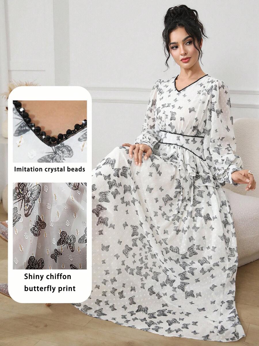 Seusyu Women's Butterfly Print V-Neck Lantern Sleeve Elegant Dress - Black and White - View 1