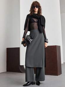 Ontre 女士时尚高腰侧拉链解构两件套裤，适合都市通勤、商务休闲、办公室穿着、教师装束、优雅穿搭 - 深灰色 - 查看 5