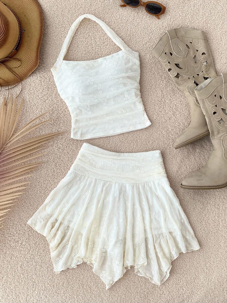 Teen Girls Vacation Lace Halter Neck Cami Top And Asymmetric Hem Knit Skirt Set, Beige, Elastic Waist Skirt, Summer Skirt, Graduation Outfit, Wedding Season Attire White Two Piece Set White Skirt Set Teen Summer Two Piece Set Skirt Two Piece Set Teen Havana Nights Girl Outfit - Beige - View 1