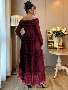 Auvina 全新定制蛋糕网眼拼接露肩大码女装、生日礼服、露肩、派对、优雅、正式女装、晚礼服、婚礼女装、复活节女装、浪漫礼服、毕业礼服、婚礼宾客礼服 - 酒紅色 - 查看 2