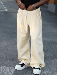 Manfinity Hypemode Men's Cotton Solid Color Drawstring Waist Pockets Wide Leg Casual Sweatpants - Khaki - View 1