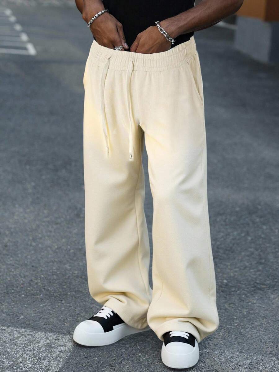 Manfinity Hypemode Men's Cotton Solid Color Drawstring Waist Pockets Wide Leg Casual Sweatpants - Khaki - View 1