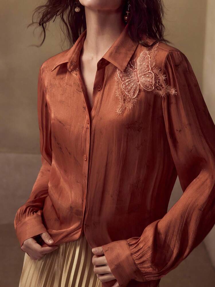 TIE-DYE RETRO PRINT LONG SLEEVE BUTTERFLY DECOR FLOWY WOMEN SHIRT