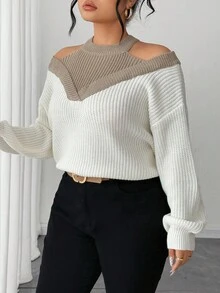 SHEIN Elenzya Women's 2 In 1 Off-Shoulder Contrast Color Sweater - Apricot - View 5