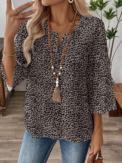 EMERY ROSE Women's 3/4 Sleeve V-Neck Work Blouse, Suitable For Spring & Autumn Leopard Print Top 3/4 Sleeve Top Womens Casual Top Animal Print Blouse