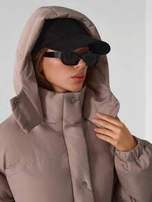 EURMUSE Drawstring Hem Hooded Drop Shoulder Quilted Women's Crop Down Jacket - Chocolate Brown - View 4