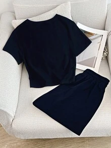 INAWLY Women's Casual Rider Print T-Shirt And Shorts Set, Perfect For Summer - Navy Blue - View 2