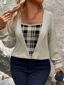 EMERY ROSE LUNE Plus Plaid Print Patchwork Black Knit Long Sleeve Sweatshirt, Soft Knit, Winter, Fall - Multicolor - View 6