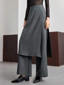 Ontre 女士时尚高腰侧拉链解构两件套裤，适合都市通勤、商务休闲、办公室穿着、教师装束、优雅穿搭 - 深灰色 - 查看 2