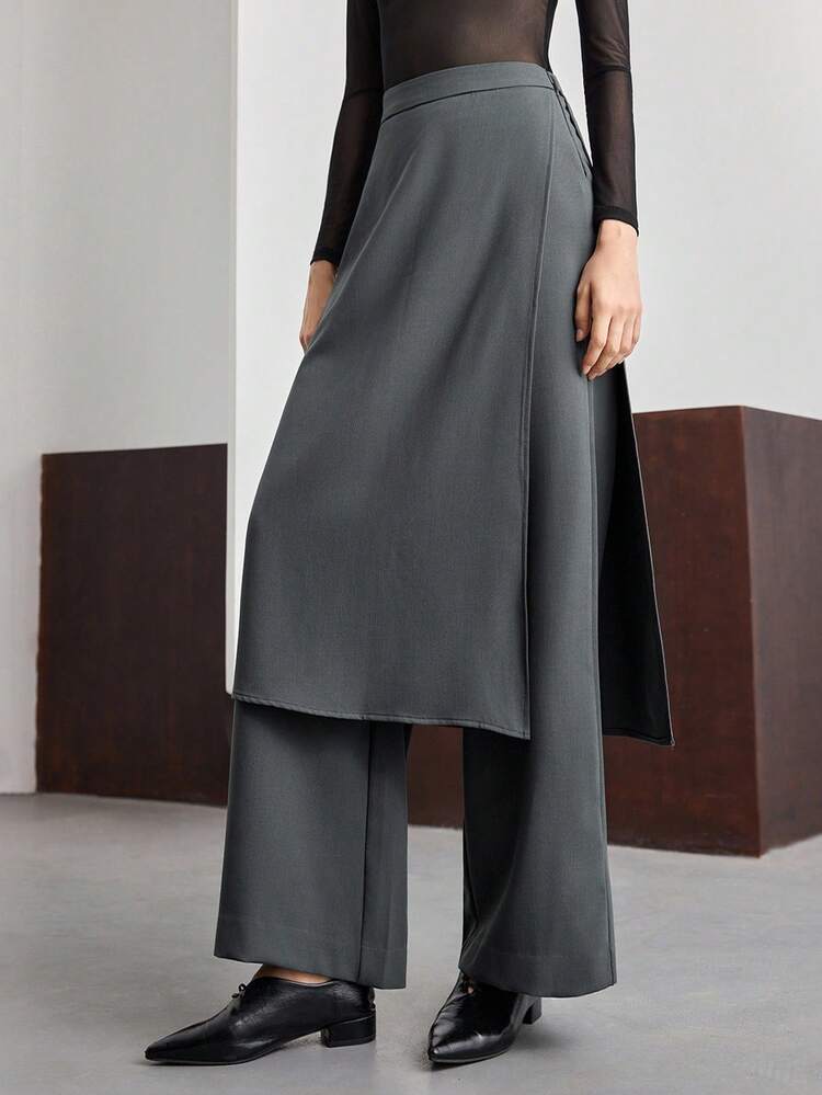 Women's Fashion High-Waisted Side Zipper Deconstructed 2 Pieces Pants, Suitable For Urban Commuting, Business Casual, Office Wear, Teacher Attire, Elegant Outfitting