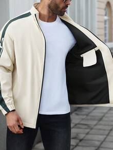 Manfinity Homme Plus Size Men's Contrast Color Letter Print Pocket Zip-Up Long Sleeve Outdoor Windbreaker Jacket, Fall - Beige - View 7