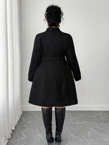 Elenzga 大码黑色纽扣翻领加厚复合长袖经典优雅中长款大衣，秋冬 - 黑色 - 查看 2