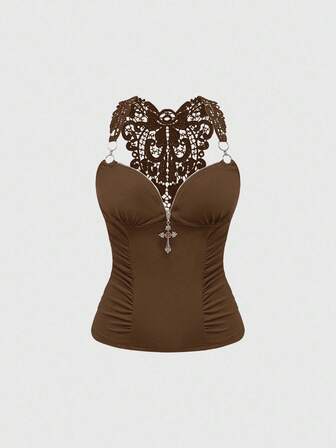 Goth Camiseta sin espalda con cuello cruzado, encaje y parches, de estilo vintage Y2K