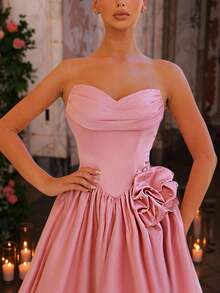 Glamrae Elegant Satin Strapless Asymmetric Ruffle Beaded Luxurious A-Line High Slit Maxi Dress,Suitable For Dates,Graduations,Weddings,Formal Occasions,Gala - Dusty Pink - View 2