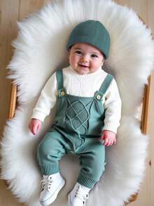 SHEIN 新生男婴/女婴幼儿秋冬服装：绿色针织连体衣、工装裤、毛衣，舒适、百搭、时尚、可爱、复古、经典、简约设计基础款，适合室内、户外、滑雪、日常穿着、运动、玩耍、派对、拍照、度假