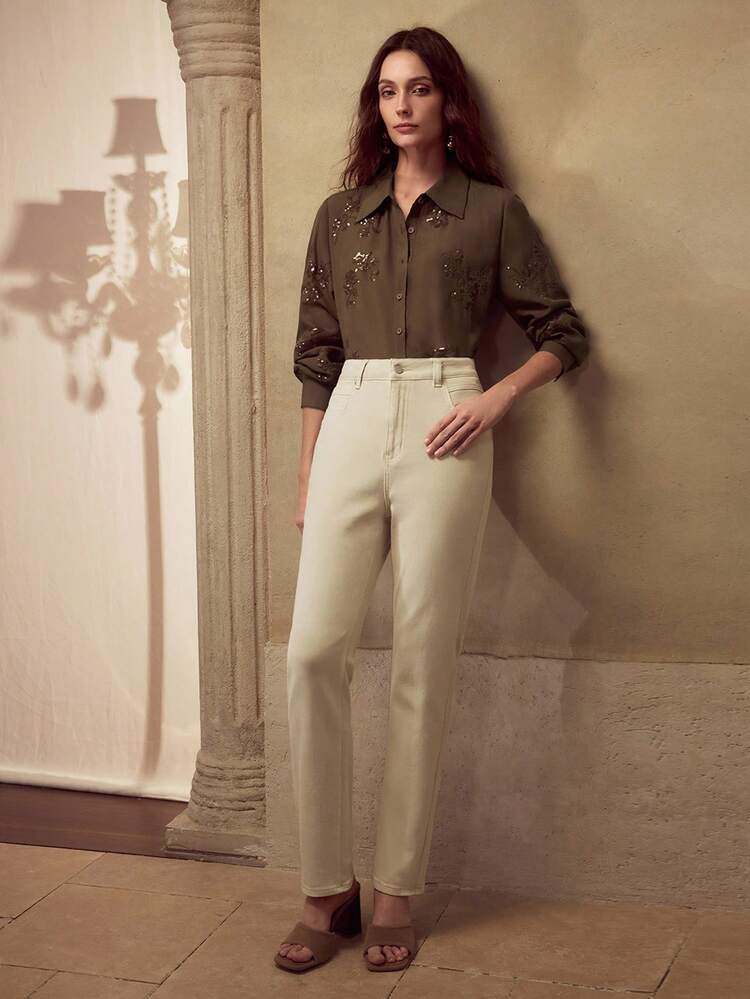 WOMEN'S ELEGANT SEQUIN EMBROIDERED FRONT BUTTON SHIRT