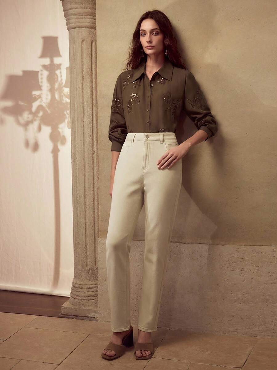 MOTF PREMIUM WOMEN'S ELEGANT SEQUIN EMBROIDERED FRONT BUTTON SHIRT - Coffee Brown - View 2