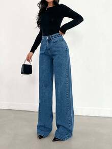 Jeans a vita alta, gamba ampia, orlo lungo, blu - 716 gr