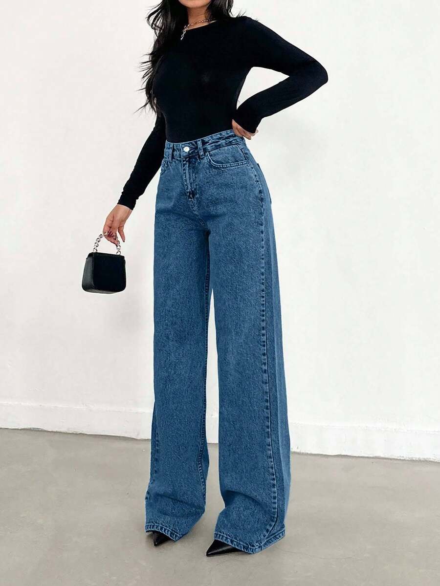 Jeans a vita alta, gamba ampia, orlo lungo, blu - 716 gr