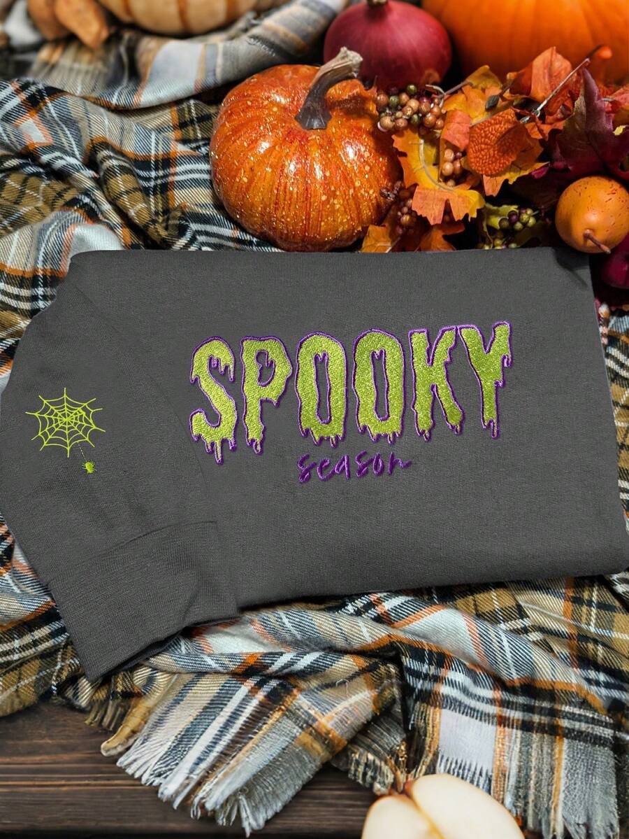 INAWLY Sudadera bordada "TEMPORADA DE MIEDO", Sudadera bordada, Sudadera de Halloween, Cuello redondo de temporada de miedo, Cuello redondo de Halloween, Sudadera de Halloween - Gris Oscuro - Ver 1