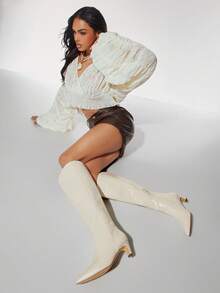 SHUZIA Nuevas botas altas versátiles de mujer de punta fina con tacón de gatito, de PU, cálidas y cómodas, para uso diario, otoño, invierno y vacaciones - Blanco - Ver 4