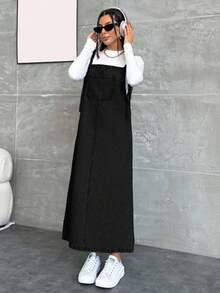 EURMUSE WOMEN LONG DENIM DRESS POCKET DETAILED - Black - View 6