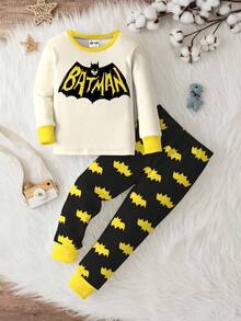 BATMAN X SHEIN Baby Boy Letter Bat Logo Print Ringer Long Sleeve Top And Pants Pajama Set, Spring/Autumn - Multicolor - View 2