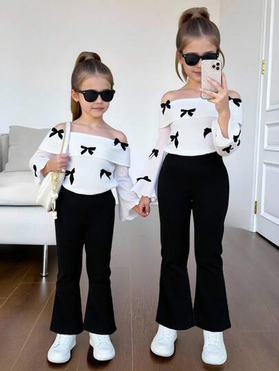 SHEIN 年轻女孩休闲圆领褶皱长袖修身针织上衣和牛仔印花喇叭裤 T 恤套装，适合居家和户外、旅行装机场、运动服、酷炫街头风格、日常穿着、学校日常、休闲可爱、姐妹装