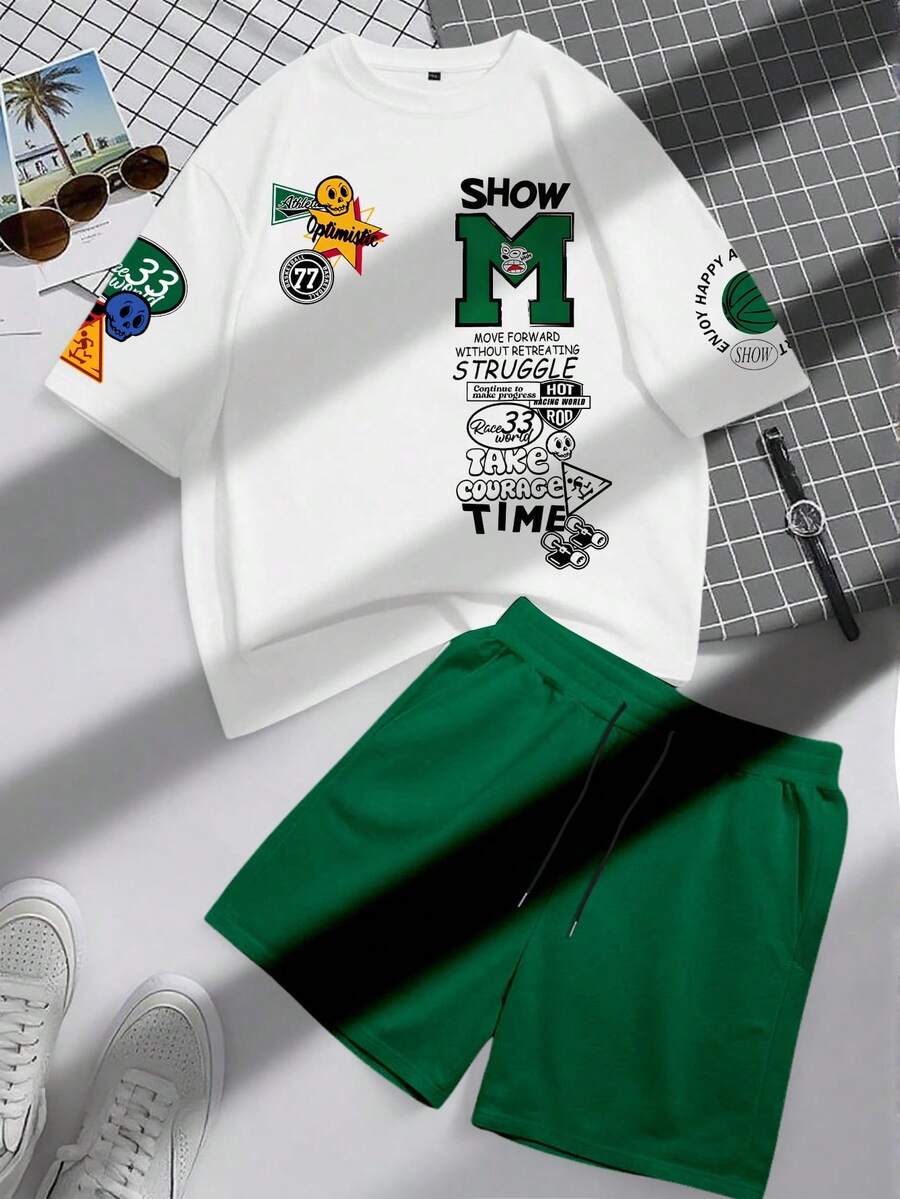 Manfinity Hypemode Plus Size Men's Summer T-Shirt And Shorts Set, Fashionable, Cozy Outfits - Multicolor - View 1