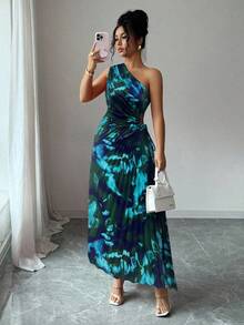 Elenzga 女款2025夏季优雅不对称肩部褶饰腰部镂空印花连衣裙 - 藍色 - 查看 1