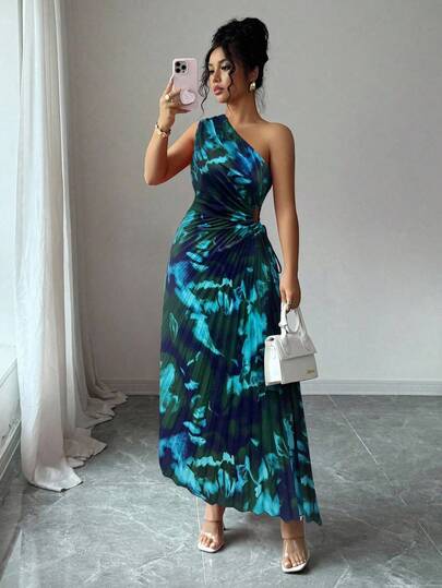 Elenzga Women's 2025 Summer Elegant Asymmetric Shoulder Pleated Waist Cut-Out Printed Dress