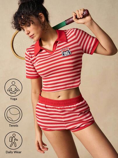 VARSIVA Women's Letter & Striped Short Sleeve Cropped T-Shirt And Shorts Sports Suit Women Shorts Sets Two Pieces Tennis Set 2 Pieces Short Sets Woman Women S Tennis Skirt Set Tennis Outfits Women