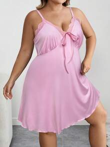 SHEIN CURVE+ Curve 大码/秋装/秋季女装/女冬装/冬装大码女式黑色蕾丝拼领吊带裙 - 粉色 - 查看 3