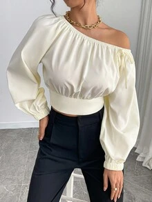 SHEIN Lady Women's Solid Color Oblique Shoulder Top, Casual And Fashionable For Daily Wear