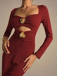 Modelyn Vestido Midi Bodycon Feminino de Manga Longa com Botões Metálicos na Cintura, Tricô Canelado Vermelho, Recorte Vazado, Elegante e da Moda, Outono/Inverno - Vinho - Visão 7