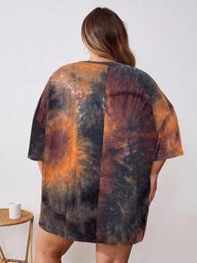 SHEIN CURVE+ Women's Tie Dye Printed Round Neck Short Sleeved T-Shirt In Plus Size For Summer/Plus Size T Shirtsummer/Country/Beach Vacation Outfits/Beach Outfits/Beach Wear